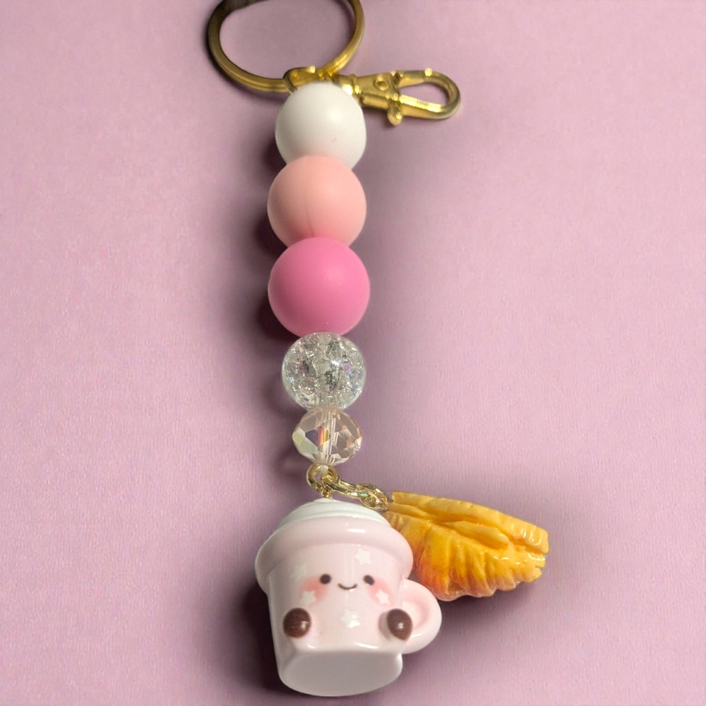 Handmade Pink Coffee And Croissant Bag Charm/Keychain